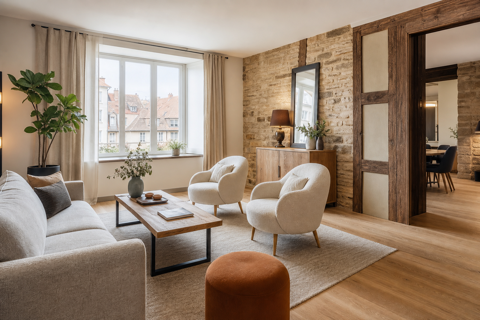 Salon rénové et lumineux avec parquet clair, mur en pierre apparente et grande fenêtre à Colmar