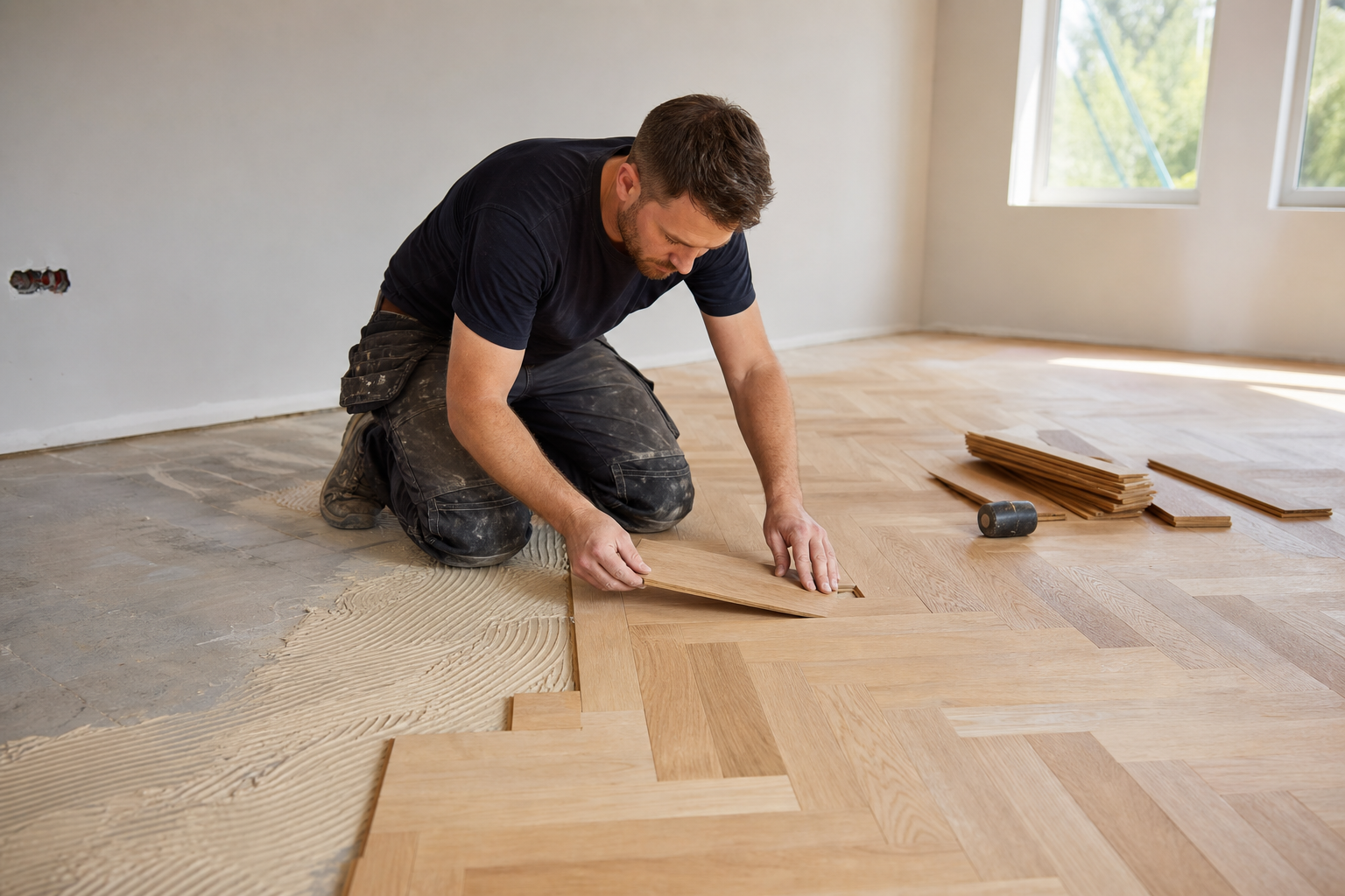 Artisan posant un parquet en chevrons dans une pièce claire