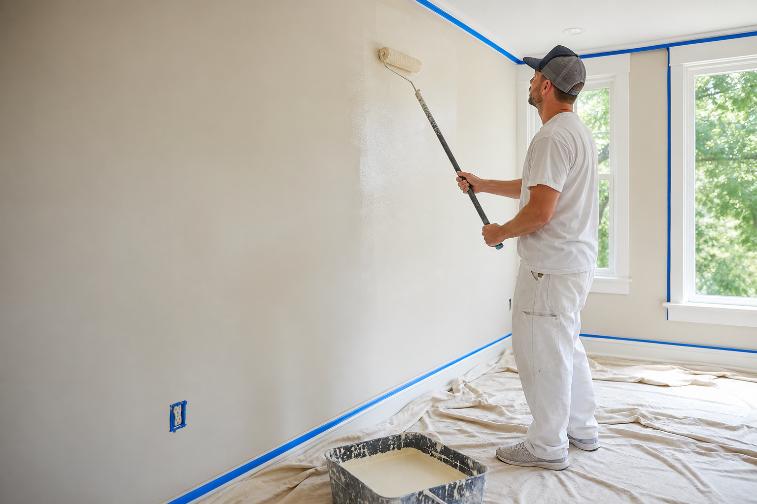 Peintre appliquant une peinture claire sur un mur au rouleau