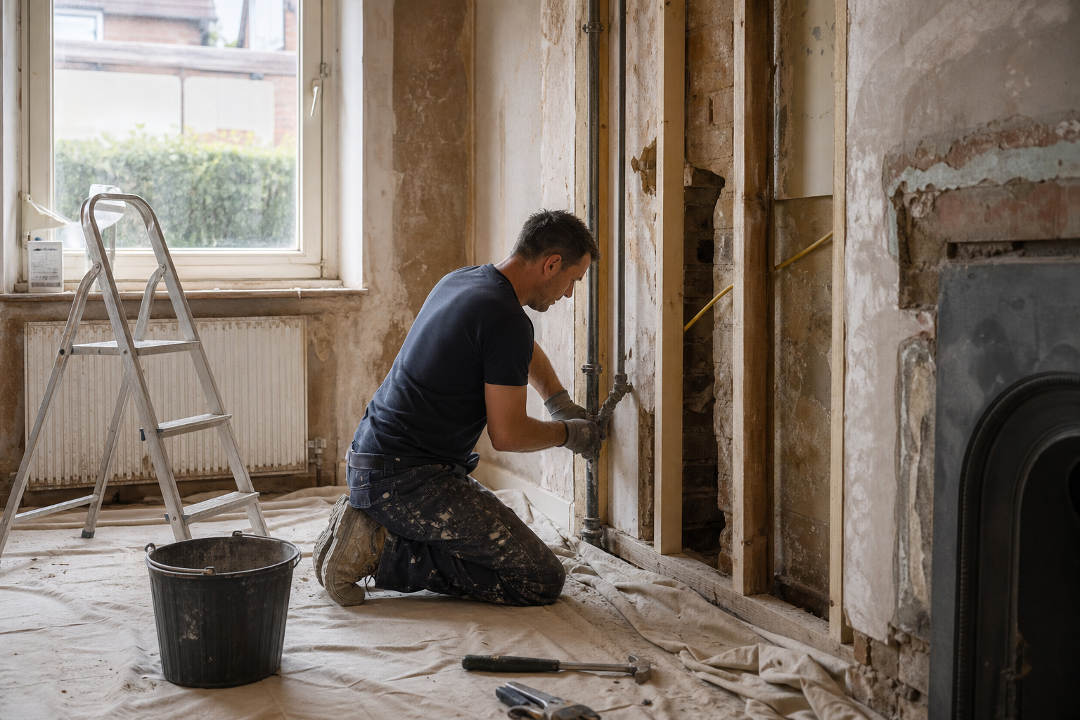 Artisan rénovant un salon ancien à Colmar, murs à nu et échafaudage intérieur